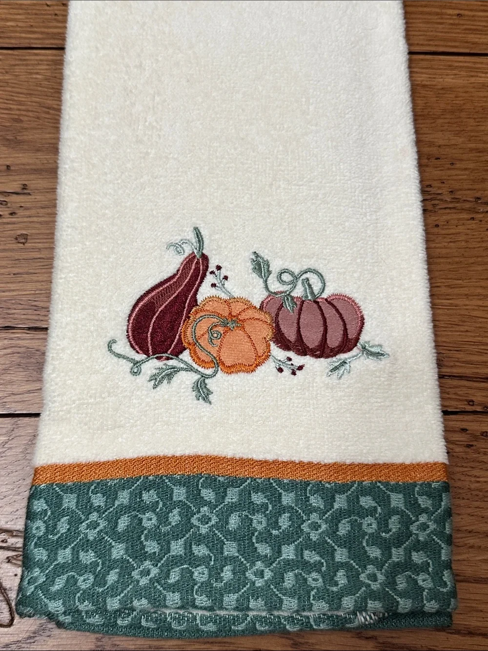 Celebrate Together Fall Embroidered Cream Hand Towel with Pumpkin Motif